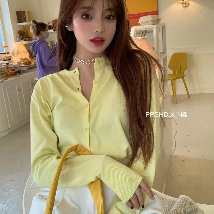 

Ppshd весна корейский стиль Ретро Нежный серии желтая кожа для похудения свободный однобортный Повседневный Кардиган с длинными рукавами Тон...