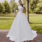 Атласное свадебное платье-трапеция на пуговицах, с рукавом-крылышком, квадратным вырезом и аппликацией, кружевное платье для невесты, 2021