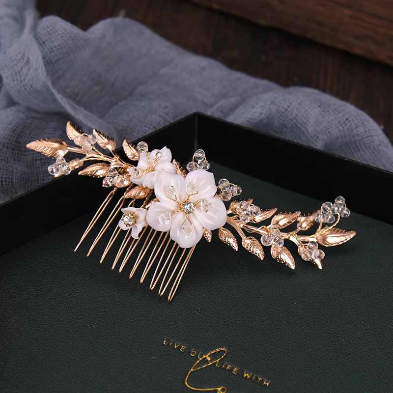Винтажные золотые свадебные гребни для волос листья цветы кристаллы украшения