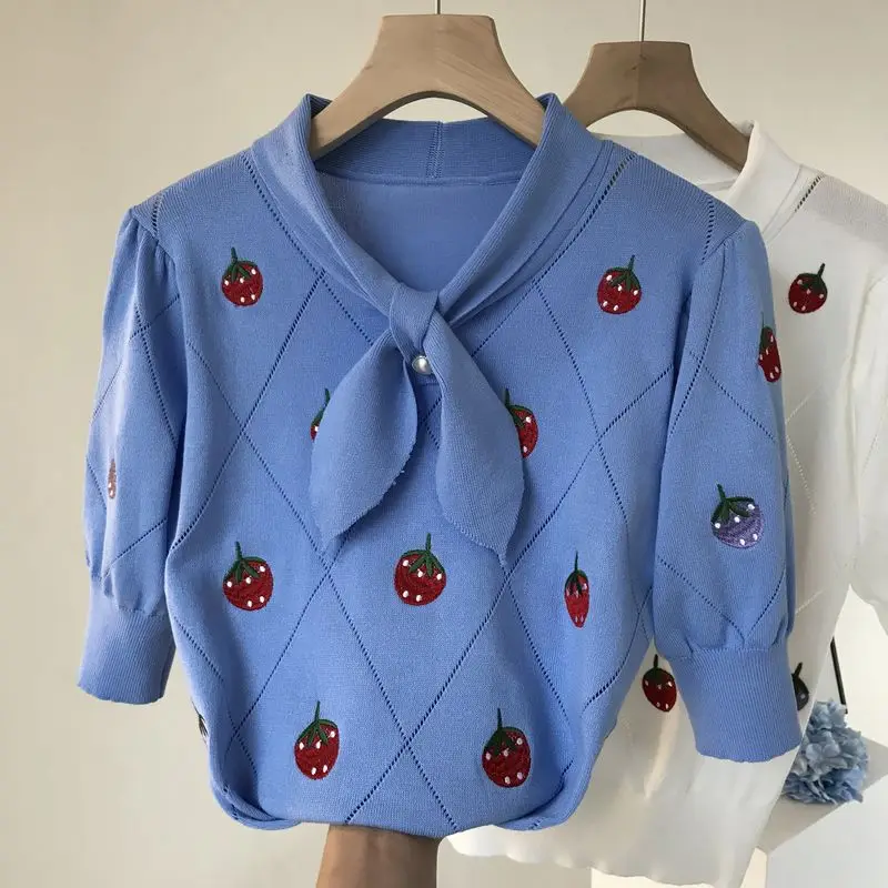 

2021 spring and summer new bowknot handmade strawberry pullover sweater women's thin short-sleeved T-shirt blue top