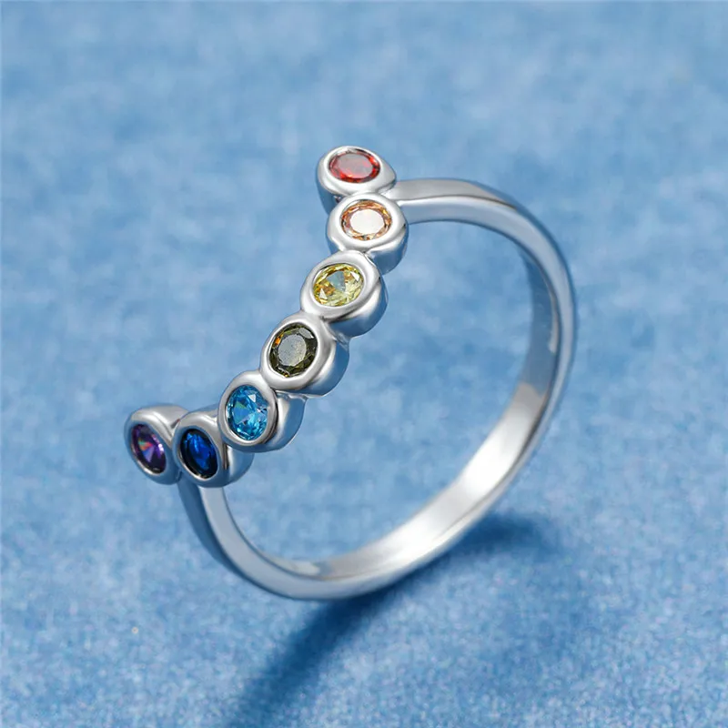 

Charm Female Rainbow Zircon Stone Ring Classic Silver Color Wedding Rings For Women Promise Crystal Round Thin Engagement Ring