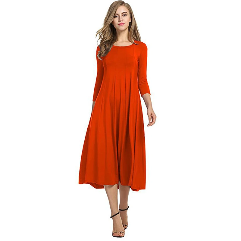 

Summer New Solid Color Half Sleeve Women Long Dress Mid Waist Casual Loose O-neck Elegant Ladies Holiday Party Dress