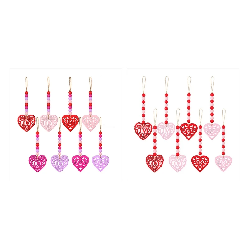 

8 Pcs Valentines Day Wooden Pendant Decor Creative Wooden Bead Heart Garlands Hangings for Wall Door Windows Decorations