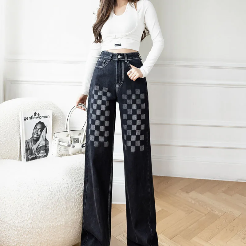 

2021 personality stitching checkerboard print wide-leg jeans women's autumn high waist slimming loose straight long pants