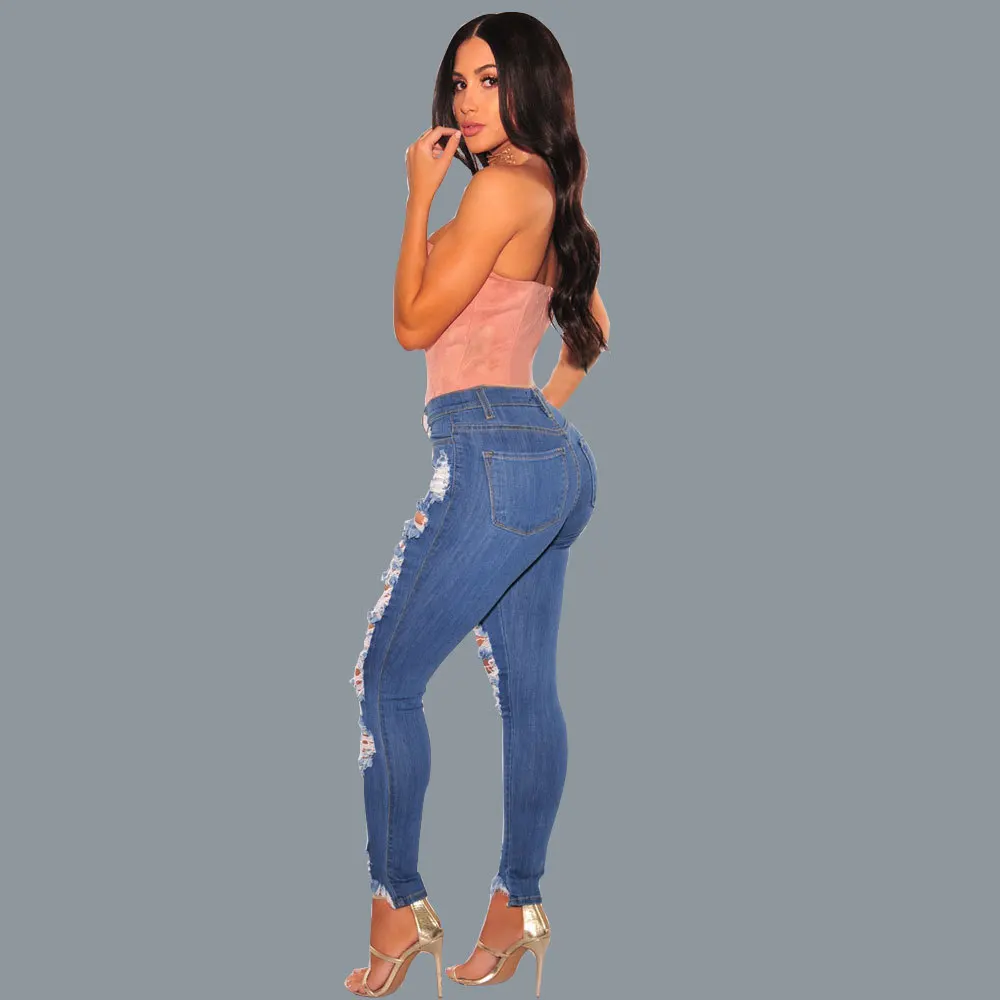 

Denim Jeans Pencil-Pants Destroyed Torn-Hole Sexy High-Waist Women DM001