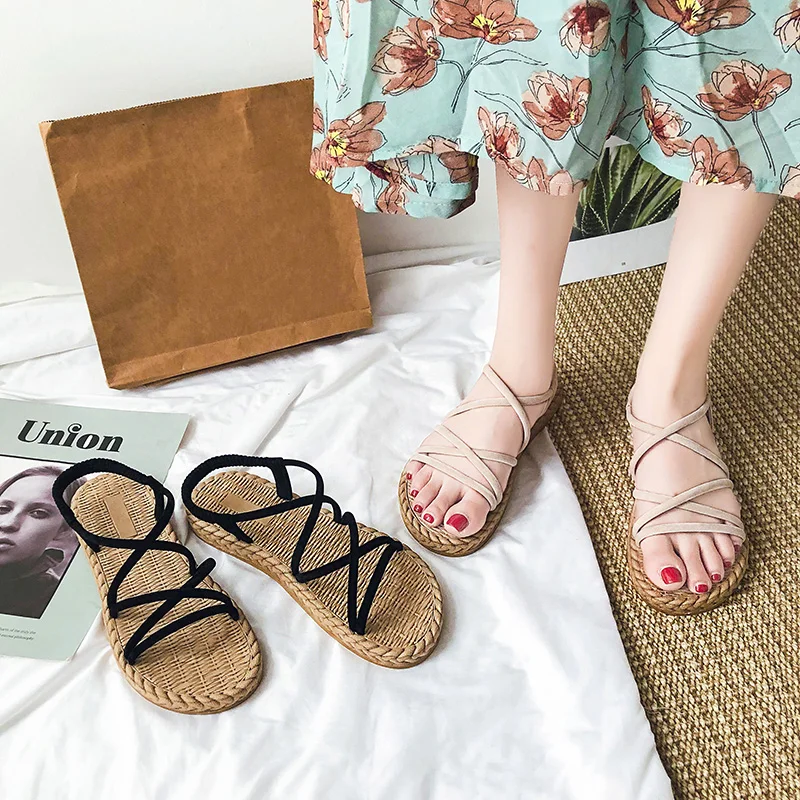 

Beige Heeled Sandals All-Match Female Shoe Slip-on Loafers Summer Women's Ankle Strap Black Girls Comfort Clear Elastic Band 20