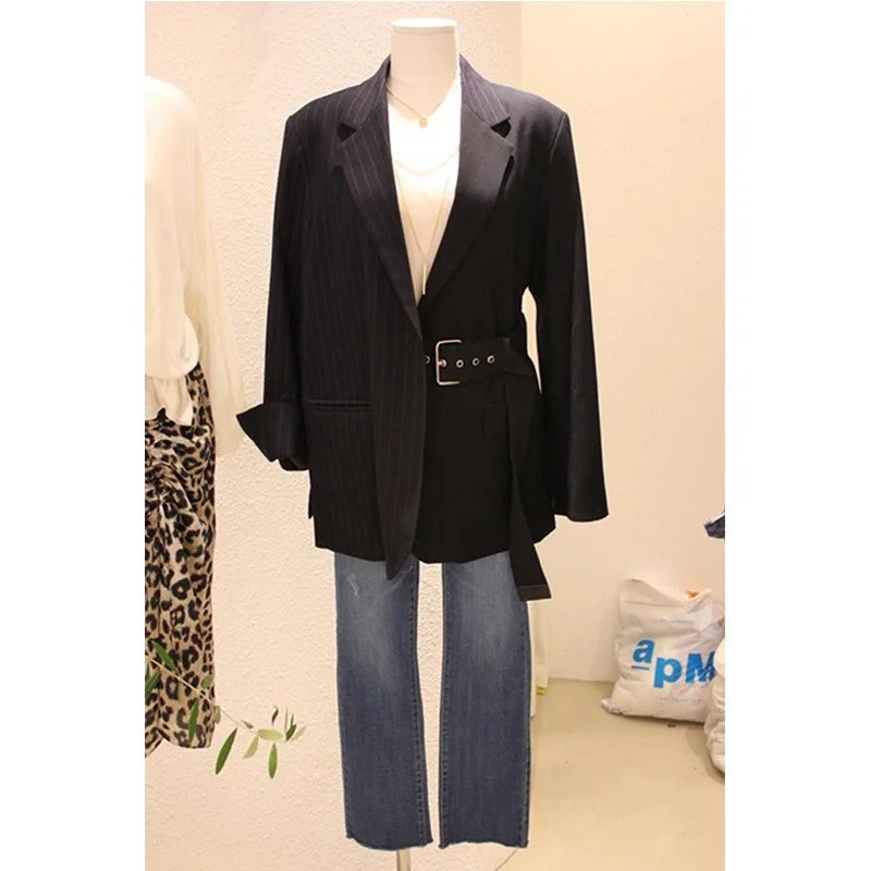 Женский однобортный полосатый блейзер с длинным рукавом поясом универсальный