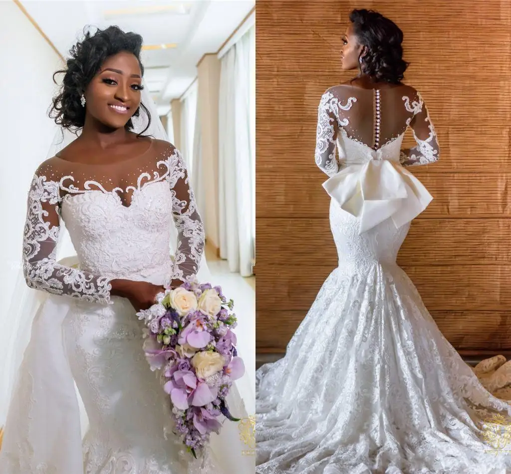 

Modest African Mermaid Lace Wedding Dress 2022 Vestido De Noiva Black Girl Women Wedding Gowns Long Sleeve Bride Dresses