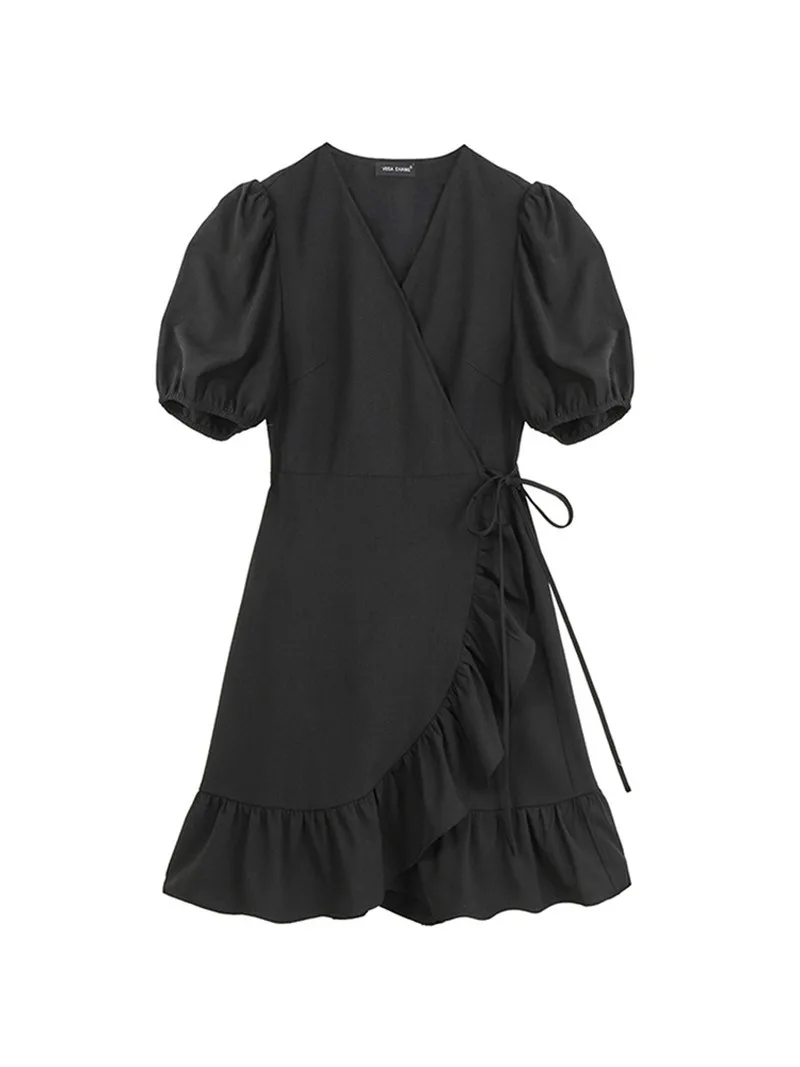 

Elegant Fashion Chic Ruffles Patchwork Dress Women Summer V Neck Drawstring Slim Waist Vestidos Puff Short Sleeve Dresses