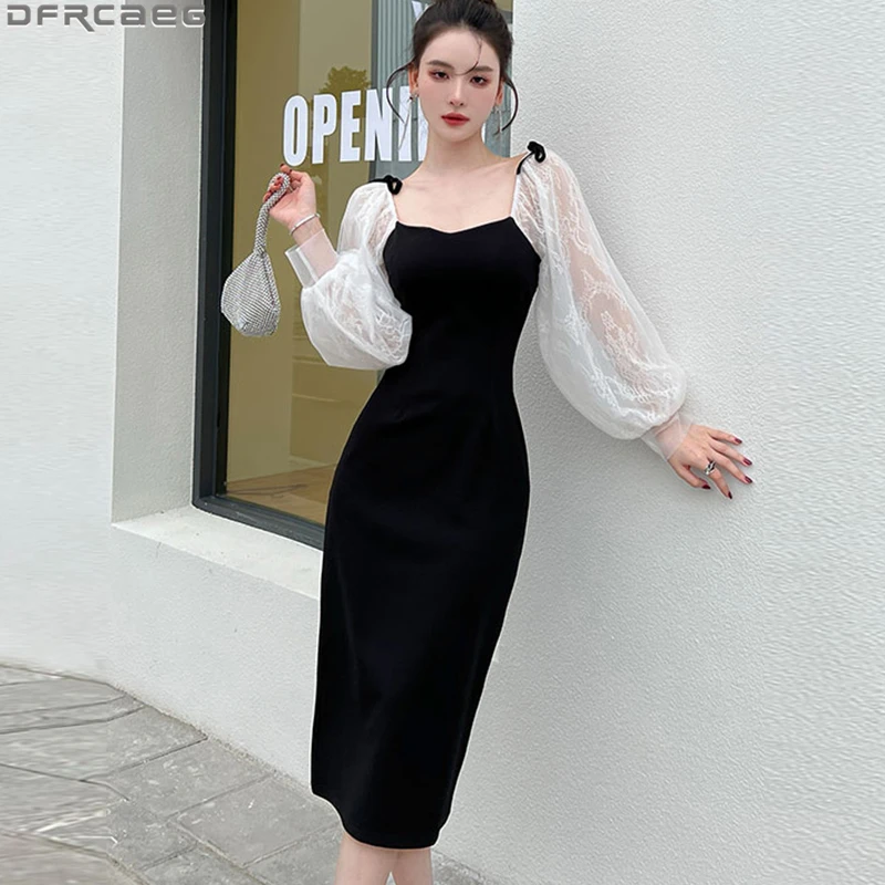 

Elegant High Waist Long Sleeve Women Dress Fashion Backless Patchwork Mesh Lace Party Dresses New Slim Elastic Bodycon Vestidos