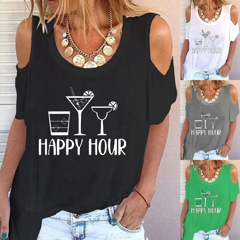 

Женская футболка с круглым вырезом, коротким рукавом и открытыми плечами