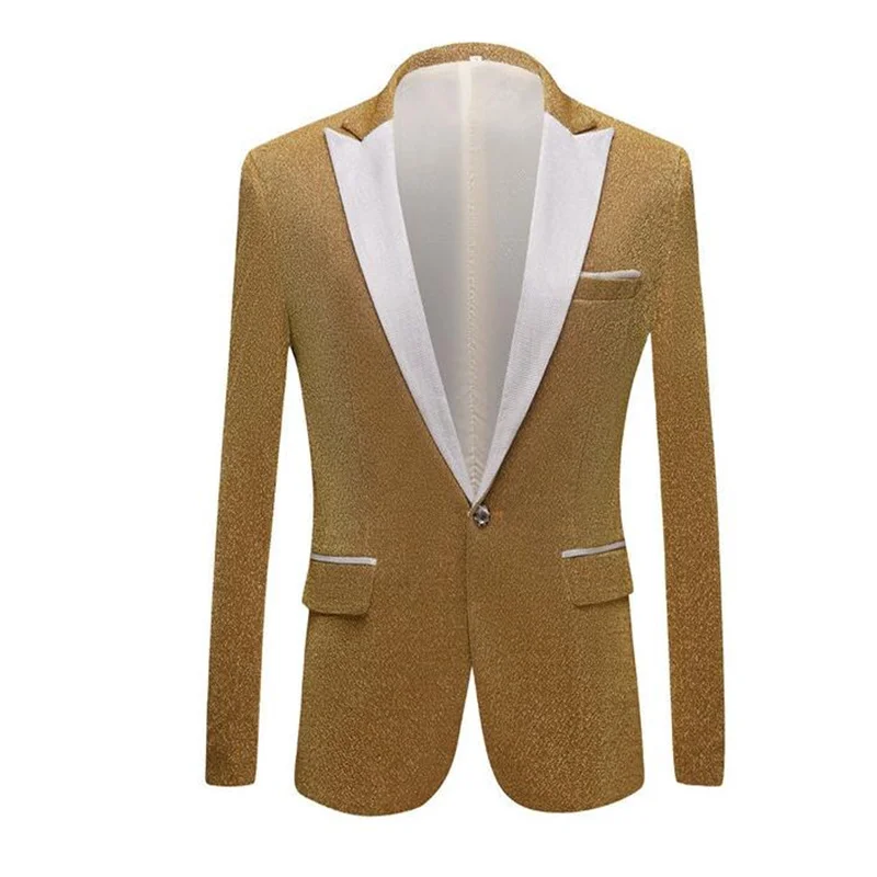 Men's suit robe de soirée de mariage jacket fashion shiny gold black silver slim fit wedding groom dress stage singer costume