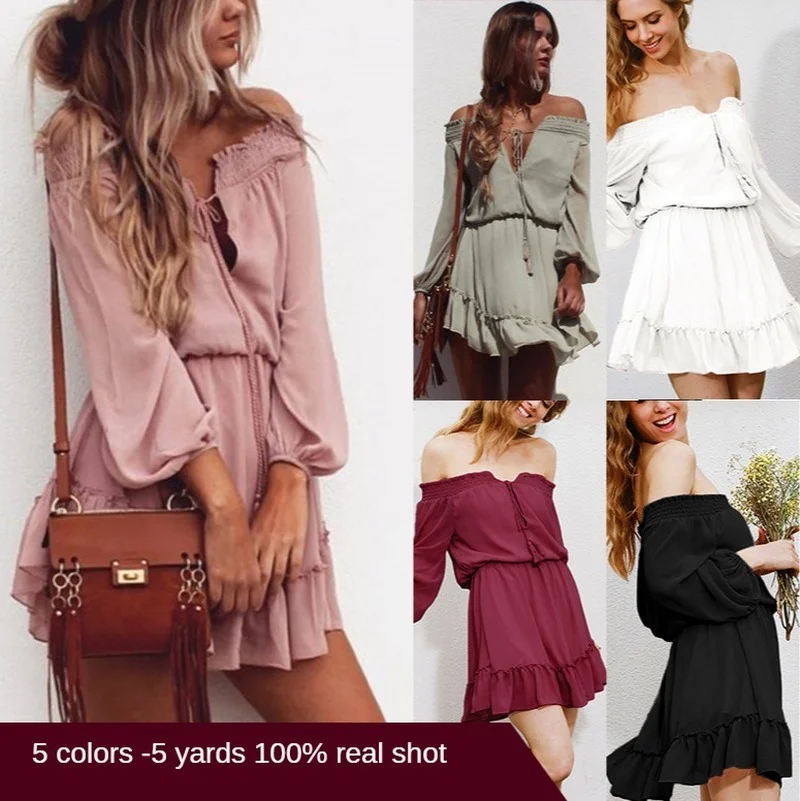 

2021 spring new ladies one-shoulder waist lantern sleeve chiffon dress women