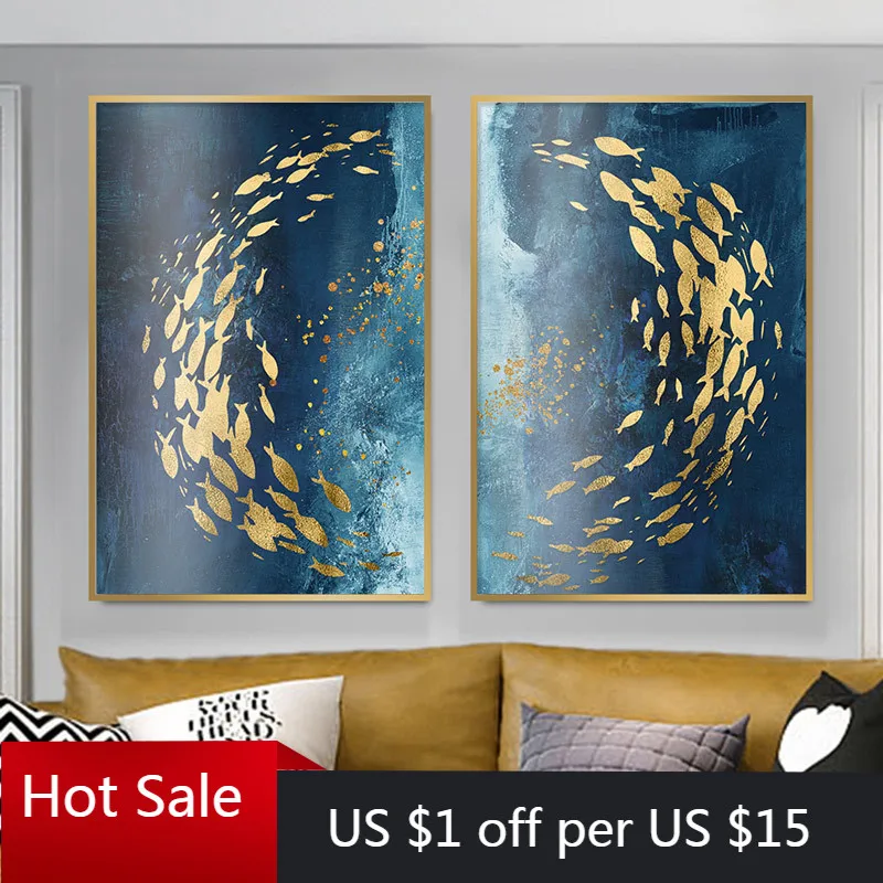 Modern Abstract Nordic Style Wall Art Canvas Painting Golden Fish Blue Sea Decor Pictures For Posters Aesthetic Room | Дом и сад