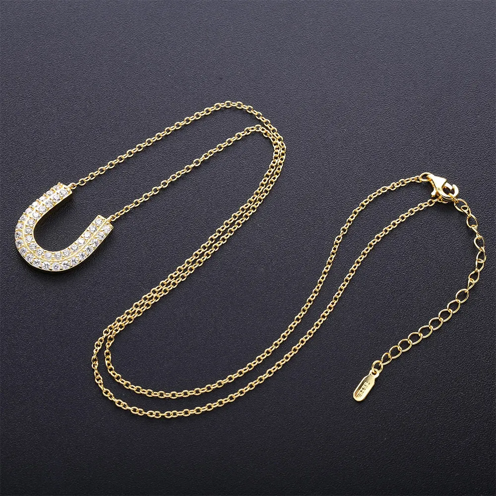 

Slovecabin 925 Sterling Silver Luxury Gold Zircon Horseshoes Pendent Chain Necklace For Women New Full Crystal Letter U Jewelry