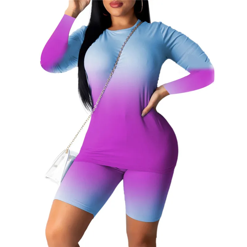 

2020 New Sexy Short Two Piece Set T-shirt Top and Biker Shorts Gradient Bodycon Matching Sets Autumn Sportwear Clothes for Women