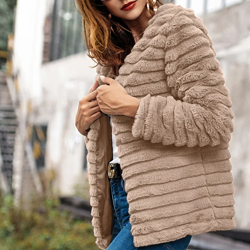 Women Winter Coat Slim Cardigans Faux Furry Jackets Striped Rabbit Fashion Full Sleeve Thick Warm Fur Jacket | Женская одежда