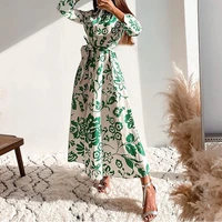 za fashion floral printing womens dress 2021 summer lapel seven points sleeve casual chic loose female clothing robe dresses