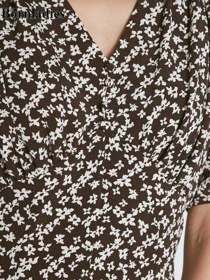 

Bornladies V Neck Slim Waist Print Trumpet Dress 2021 Spring Summer Japan Style Women Dresses Sweet Puff Short Sleeve Vestidos