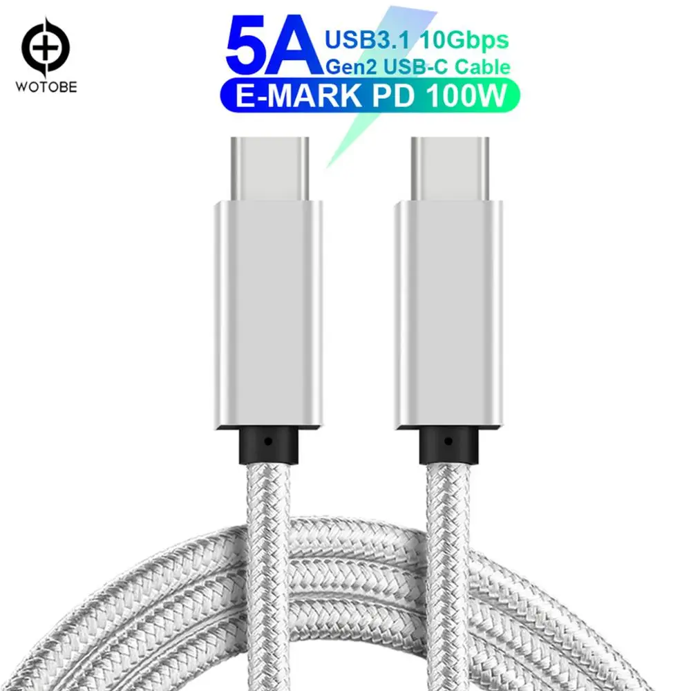 Silver Полнофункциональный кабель USB C типа C(2 м) E-MARK 5A PD 100W USB3.1 Gen2 10 Гбит/с 4K видео выход линия питания для компьютера MacBook типа C - Цвет: Silver