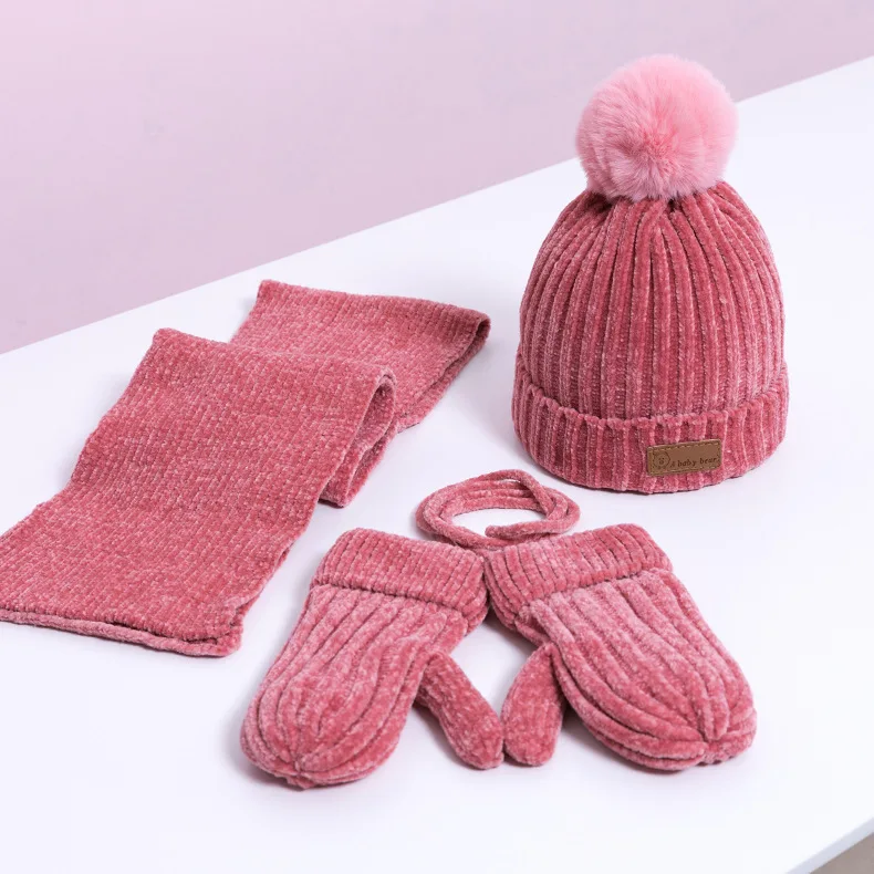 Pink 3Pcs 2 шт./3 шт./компл., детские наборы шарф Шапка Зимняя Теплая Бархатная шапка шарф перчатки для маленьких мальчиков и девочек, костюмы хлопковая шерсть Младенческая шапочка, шапки - Цвет: Pink 3Pcs
