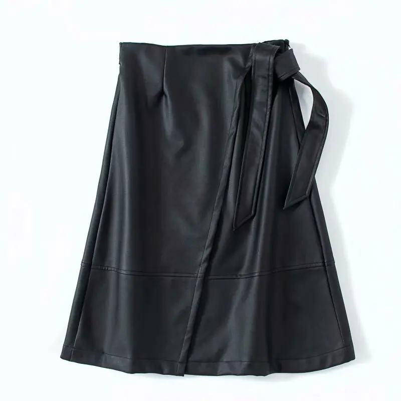 

New Fashion women chic PU leather paperbag waist midi skirt bow tie sashes pockets black casual fashion elastic waist skirt Hot