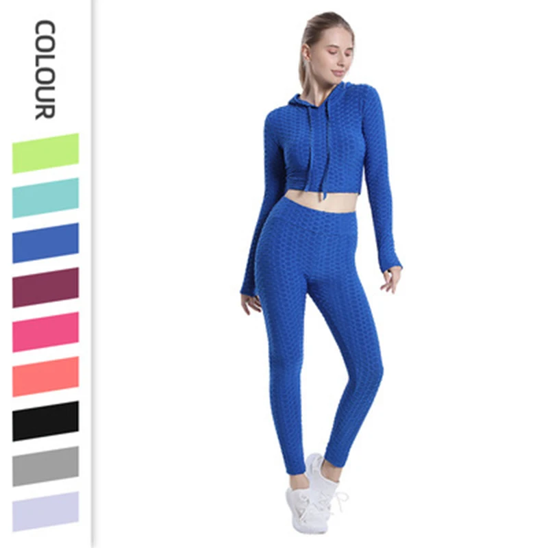 

New Autumn Hooded Yoga Set Women Long Sleeve Tops Push Up High Waist Running Fitness Leggings Bubble Slim Sports Pants Gymwear