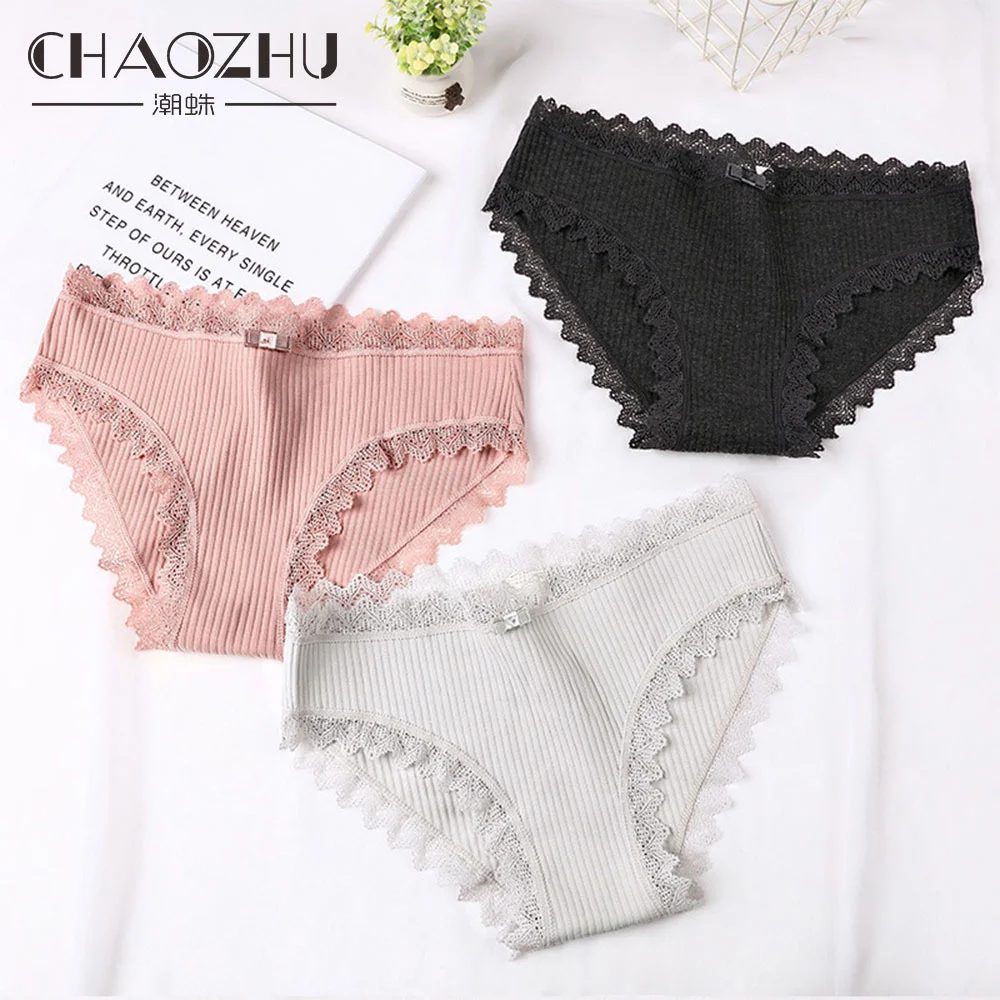 

CHAOZHU 2021 Brief Underwear Lingerie Femme Reactive Printing Dyeing Does Not Fade Combed Rib Cotton Lace Trip Women Panties
