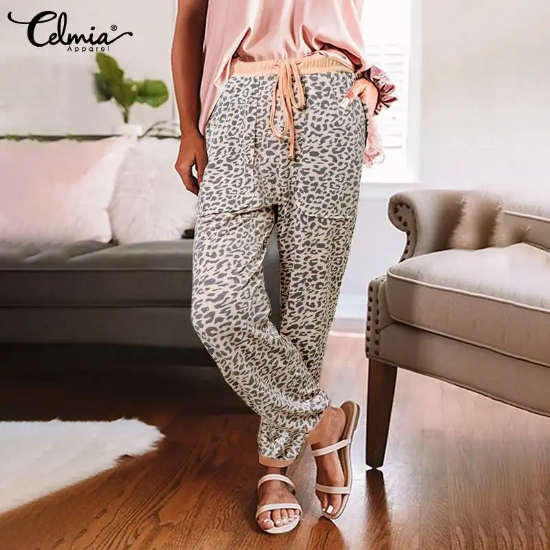 

Celmia 2022 Fashion Women Pants Pockets Homewear Drastring Leopard Print Sleep Bottoms Elastic High Waist Femme Pajamas Trousers