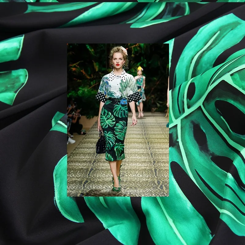 

Brand spring and summer black bottom green leaf monstera printed clothing handmade designer fabric Fashion high fashion cloth