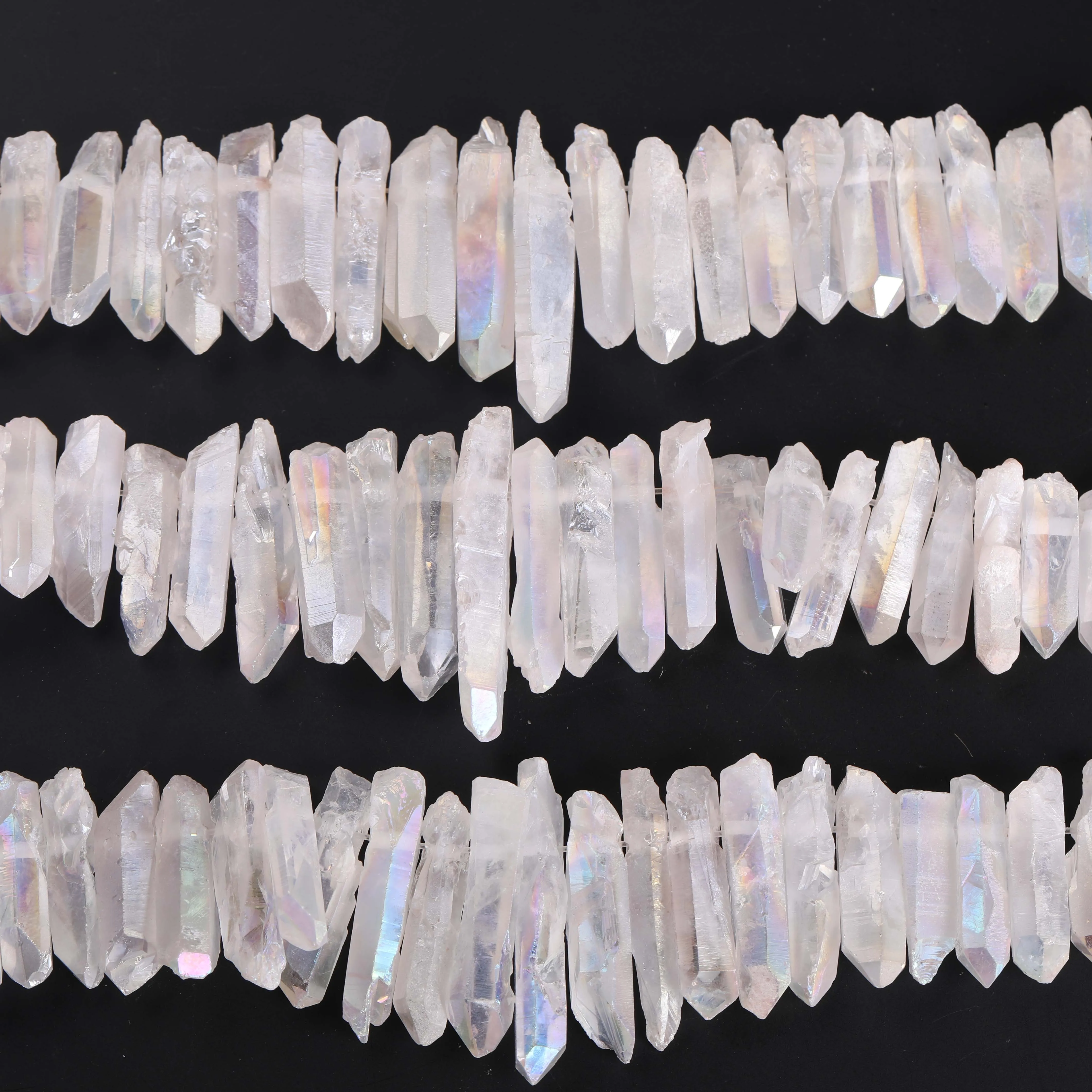 48Pcs/strand Slab Rainbow Crystals Stick Points Beads Bulk,Drilled White Mystic Titanium Crystal Quartz Stick Beads Pendants