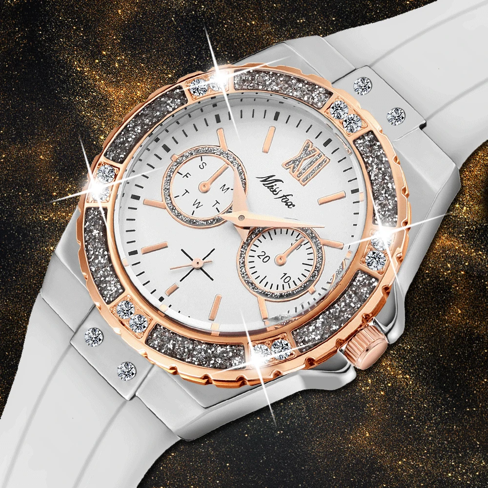 MISSFOX Women Watches rose gold Unique Chronograph Luxury Brand Dress Rubber strap Watch female Classic Watch Hot For Valentine