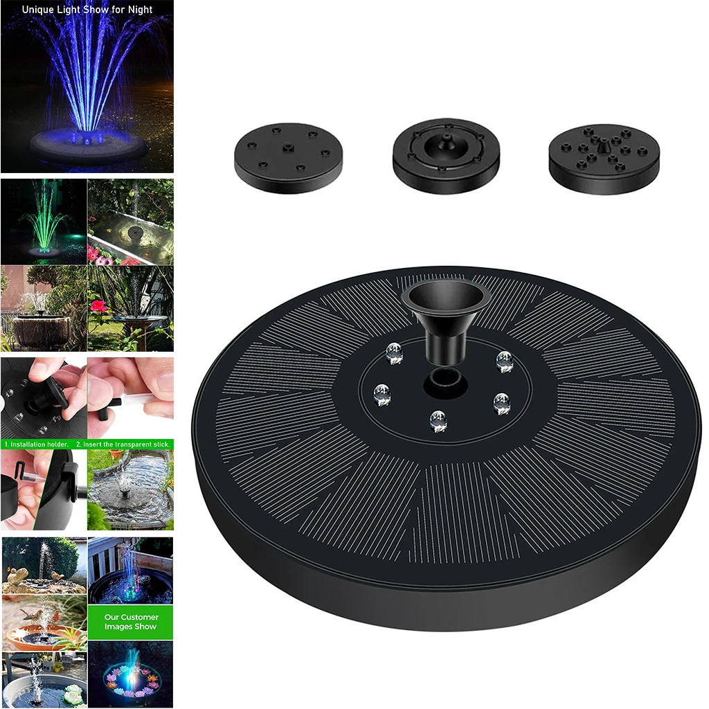 

7V Solar Panel Fountain Pump LED Lights Outdoor Bird Bath With 3 Nozzle Landscape Pond Pool Spray Water Cycling Decor
