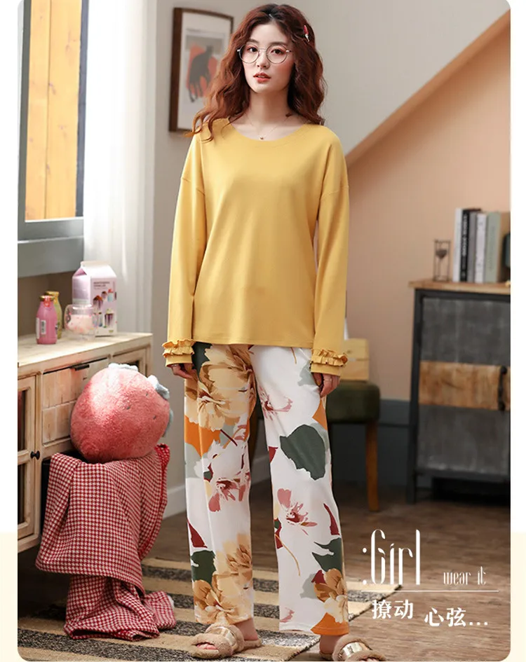 Комплект пижамный женский из хлопка с длинным рукавом осень размера плюс |