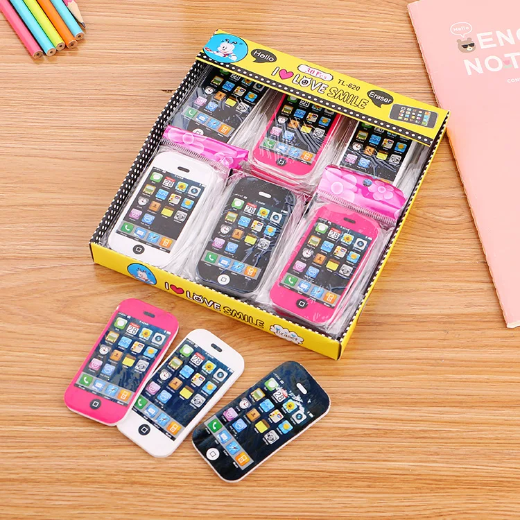 10pcs creative fashion kawaii mobile phone shape pencil rubber eraser cartoon cute office school supplies kids stationery gift free global shipping