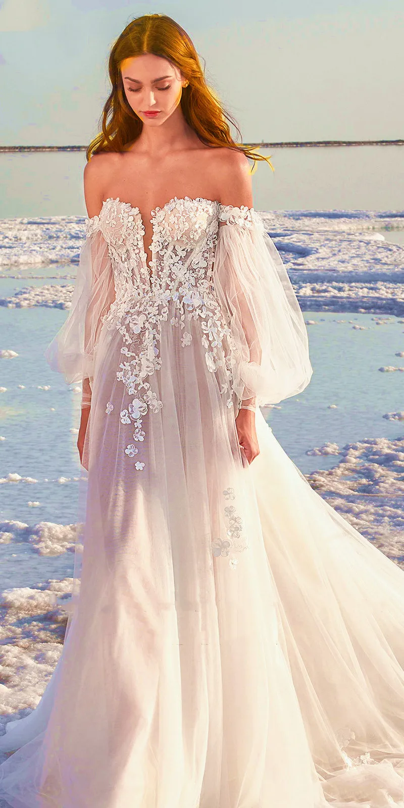 

ТРАПЕЦИЕВИДНОЕ шелковое платье из тюля, свадебное платье с длинными рукавами-фонариками и цветочной аппликацией, 2021, платье невесты, Пляжно...