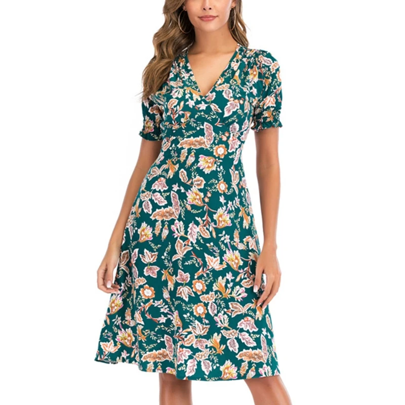 

Women Puff Short Sleeve Sexy Deep V-Neck Midi Long Dress Bohemian Floral Print High Waist A-Line Loose Swing Sundress