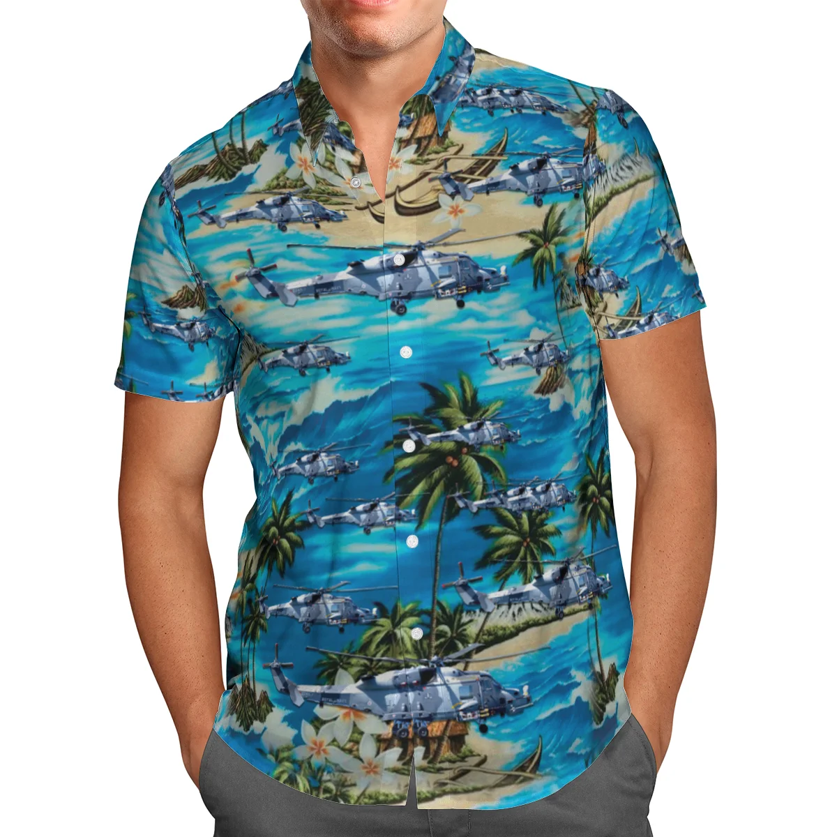 

Helicopter 3D Beach Hawaiian 2021 Summer Blue Shirt Short Sleeve Shirt Streetwear Oversized 5XL Camisa Social Chemise Homme-321