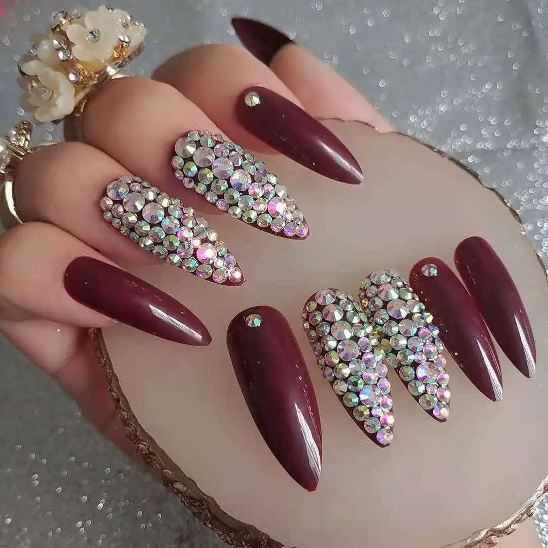 

Сверхдлинные овальные накладные ногти, 24 шт., тонкие кристаллы, алмазные ногти, винно-красные блестящие алмазы