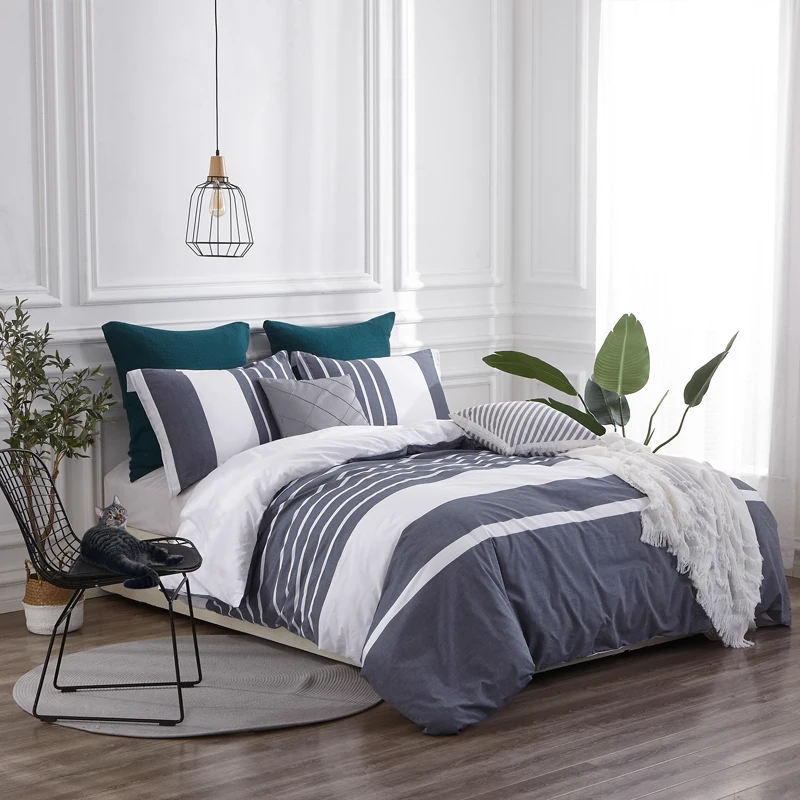 PHF хлопчатобумажная окрашенная пряжа пододеяльник набор темно синяя белая