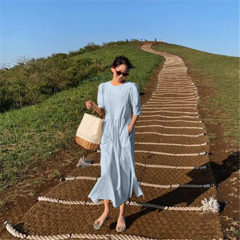 

Johnature New Korean Women Clothing Dress 2021 Summer O-neck Puff Sleeve Loose Solid Color Pockets Button Women Dresses