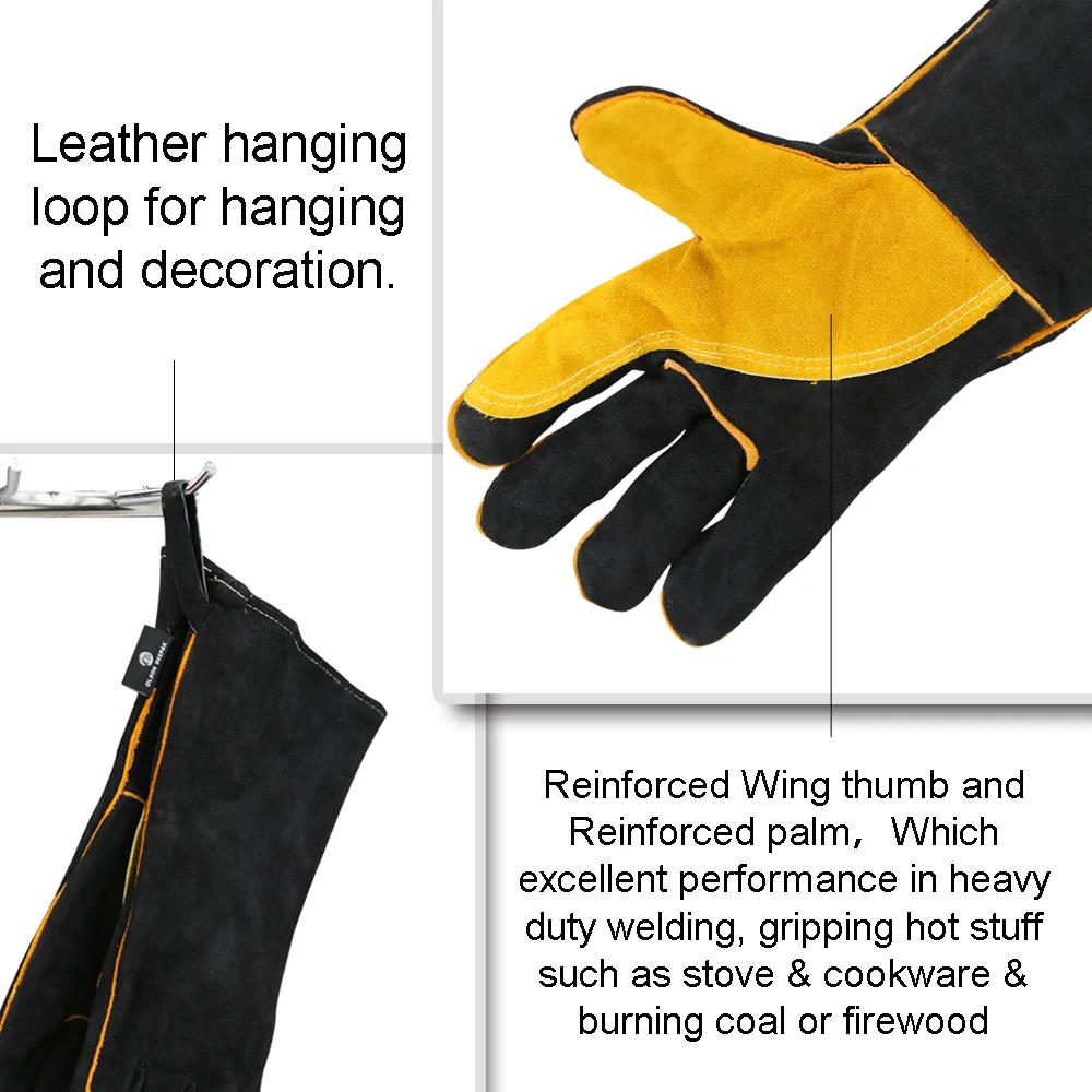 

Black Welding Work Gloves Yellow Palm Welders Thick Cow Split Leather Kitchen Stove Heat Puncture Resistant BBQ Glove