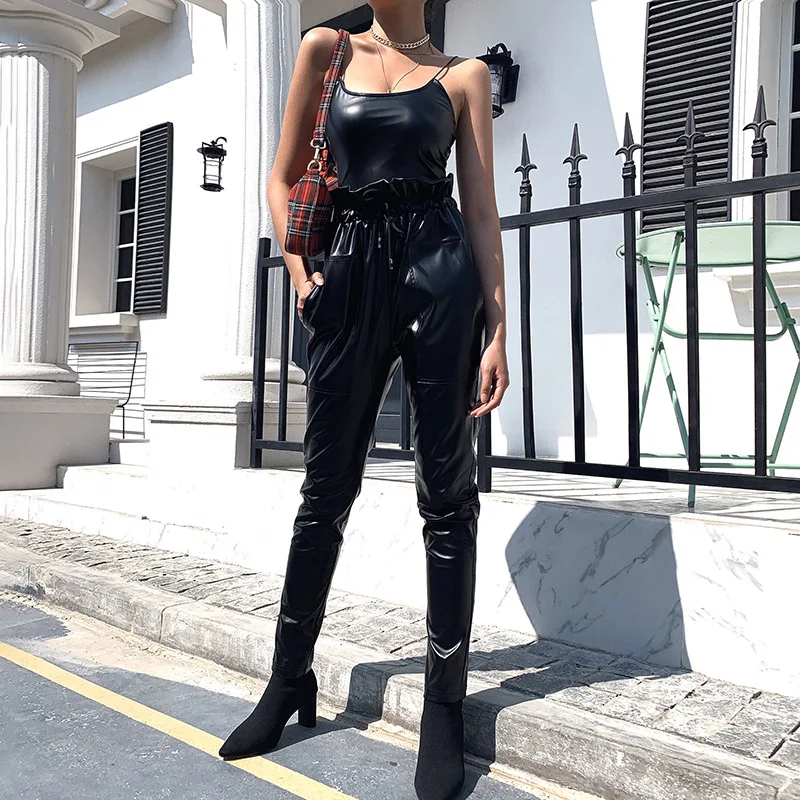 Стильные женские брюки с высокой талией и завязками из искусственной кожи