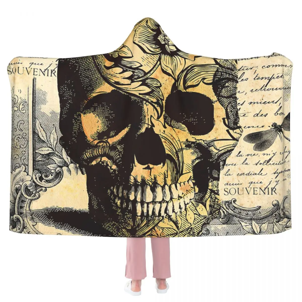 

Tattoo Skull On Floral Background Hooded Blanket 3D full print Wearable Blanket Adults Kids style