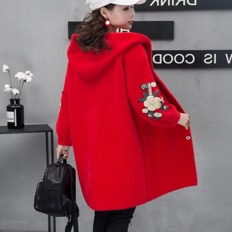 

New Product Imitation Mink Velvet Knitted Cardigan Women's Autumn and Winter Long Hooded Embroidery Loose Sweater Women Coat