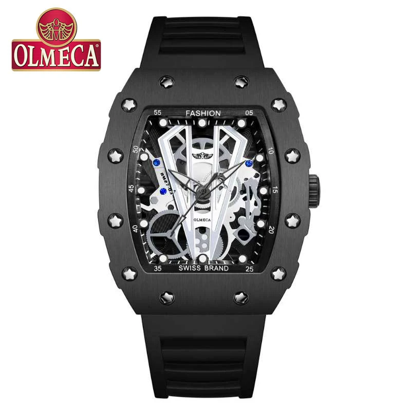 

OLMECA Top Brand Mens Sport Watches Black Skeleton Quartz Watches Military Waterproof Watch erkek saat Relogio Masculino 2019