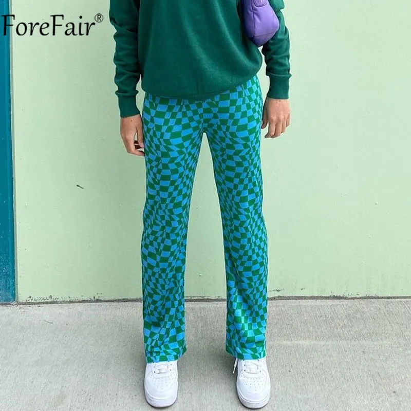 

Forefair Women Sexy Summer Wide leg Pants Y2k Vintage 90s High Waist Trousers Print Spring Brown Plaid Pants 2021 Casual Fashion