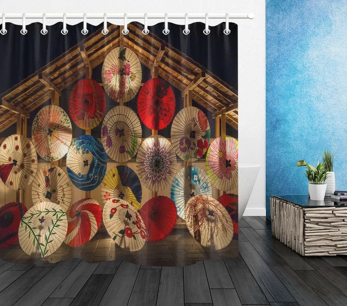 Japanese Flowers Paper Waterproof Fabric Shower Curtain Set 12 Hooks