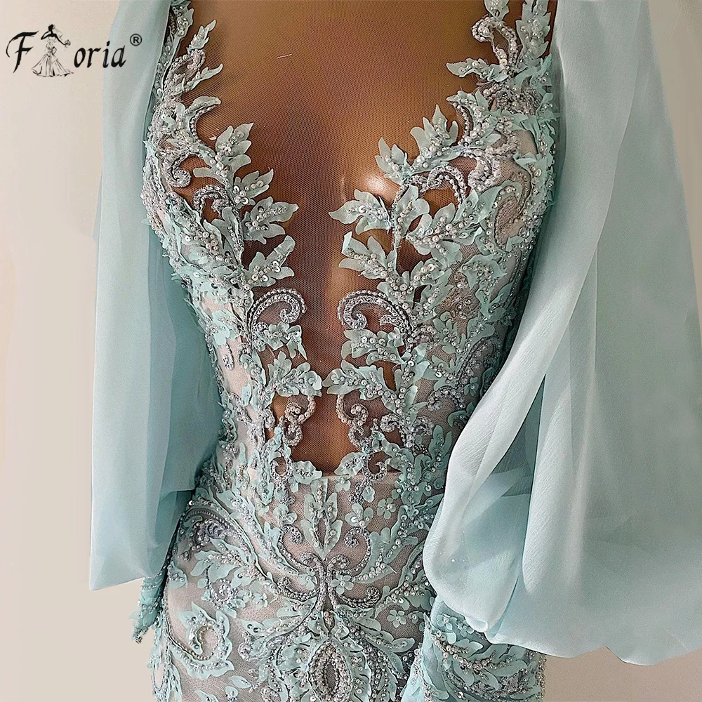 

Mint Green Lantern Sleeves Mermaid Evening Dresses Elegant See Through Lace Appliques Formal Prom Party Gown Robe De Soiree