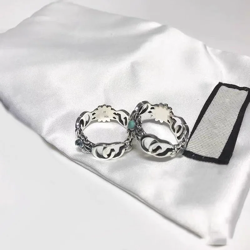 

FORVIONA New small daisy turquoise ring retro hollow flower ring female 925 sterling silver letter G simple all-match jewelry